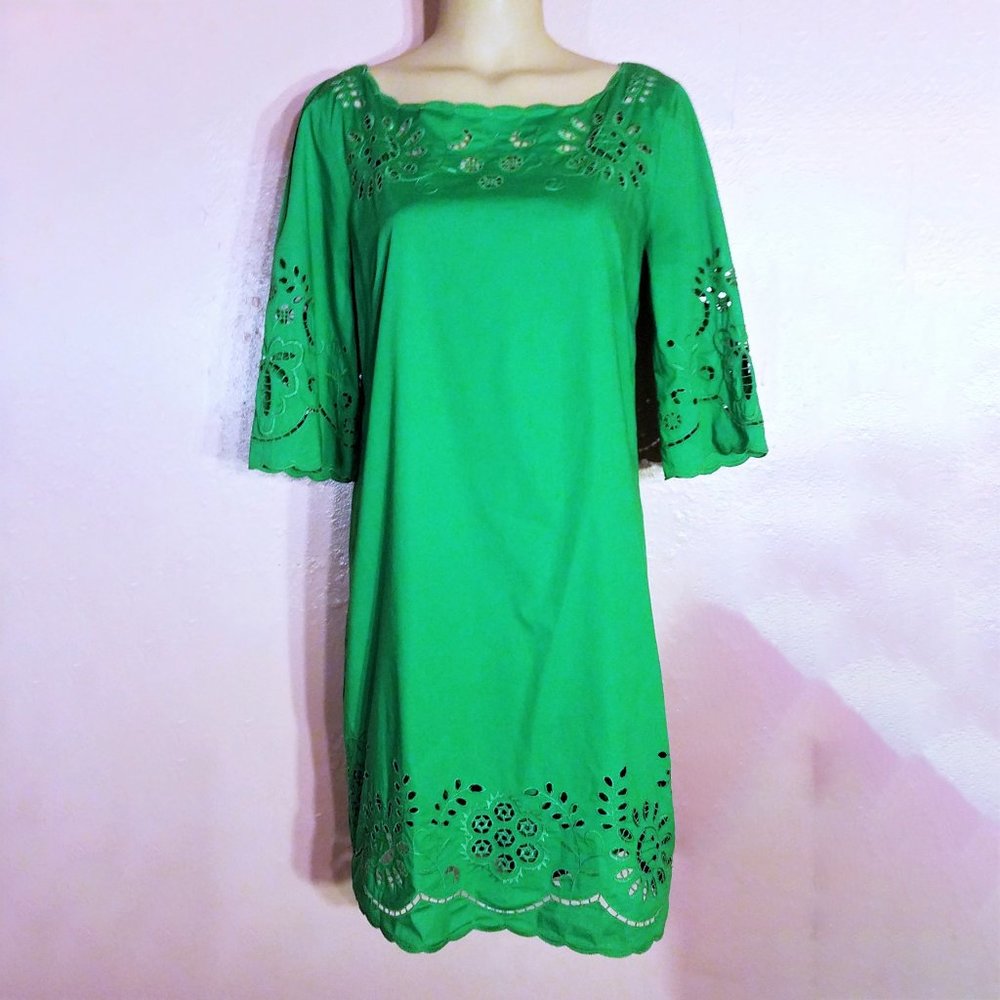 DKNY Cut-Out Scallop Embroidery Shift Dress~Kelly Green Stretch Cotton~Slip~M